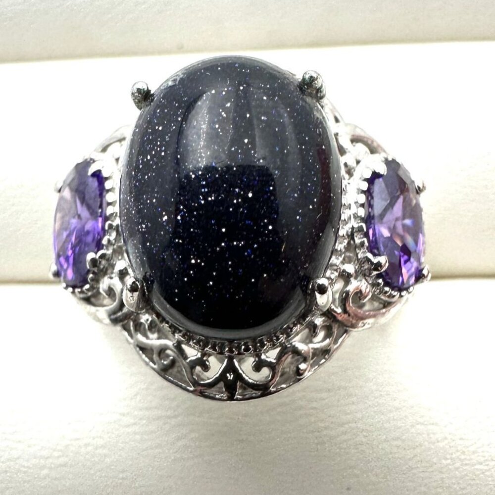 Chuck Celmency Blue Gold Stone & Amethyst Statement Ring Sterling Silver Size 9